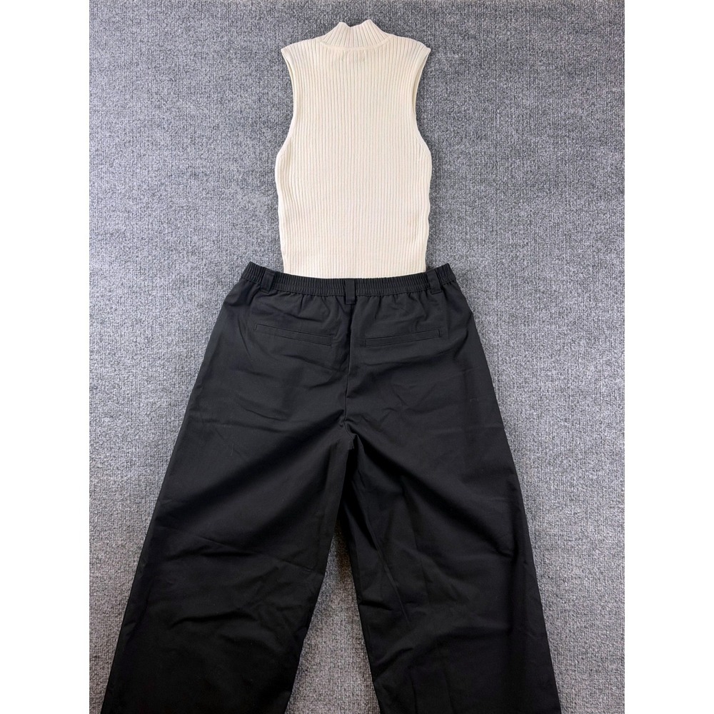 NWT Outfit Ivory Ribbed Sleeveless Top & Black Wide Leg Dress Pants Sz Small $50